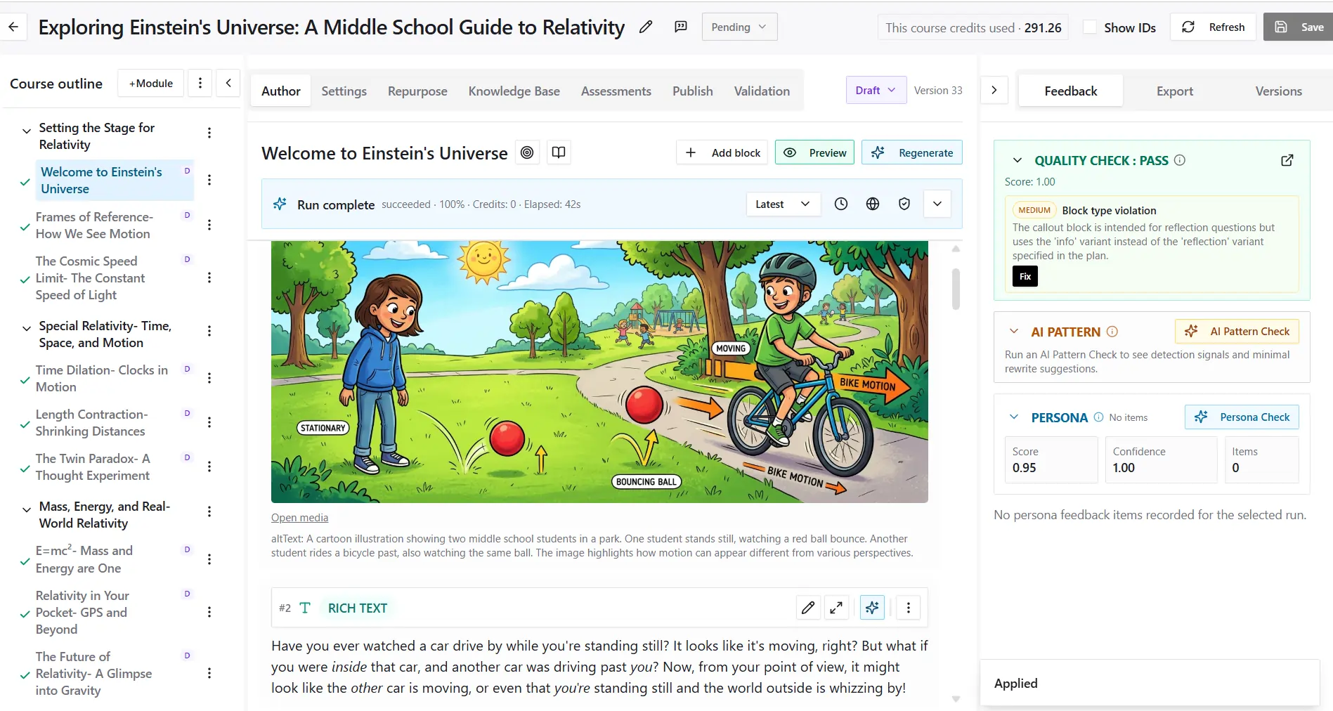 CourseEasy course studio showing a middle-school relativity course: module outline, an illustrated lesson block, and quality-check results